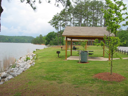 a view of a picnic pavilion at the edge of Lake Allatoona